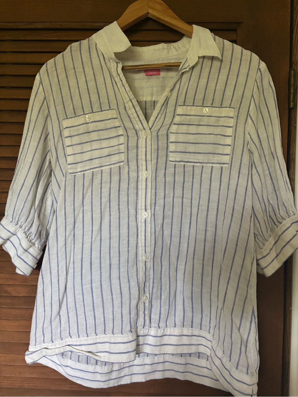 Island Company White and Blue Striped Women's Linen Blouse